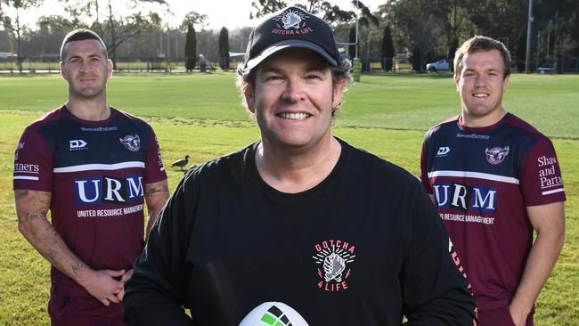 Gotcha4Life co-founder Gus Worland and Manly stars Joel Thompson and Jake Trbojevic. NRL Images