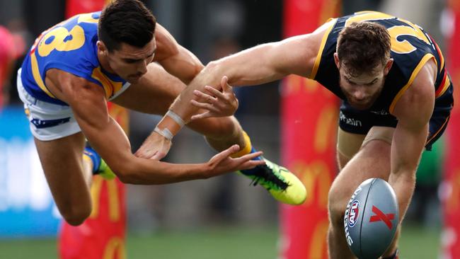 Crows AFLX captain Andy Otten battles with Tom Cole of the Eagles during the AFLX tournament at Hindmarsh Stadium on Thursday. Picture: Michael Willson/AFL Media/Getty Images)