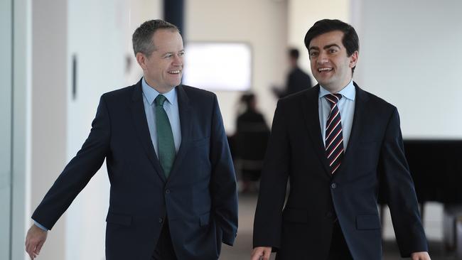 Federal Leader of the Opposition Bill Shorten, (left) and Labor Senator Sam Dastyari arrive at the NSW Young Labor conference, in Sydney, Saturday, Oct. 31, 2015. Mr Shorten spoke of the need to reduce the voting age to 16, to empower and re-engage younger Australians. (AAP Image/Dan Himbrechts) NO ARCHIVING