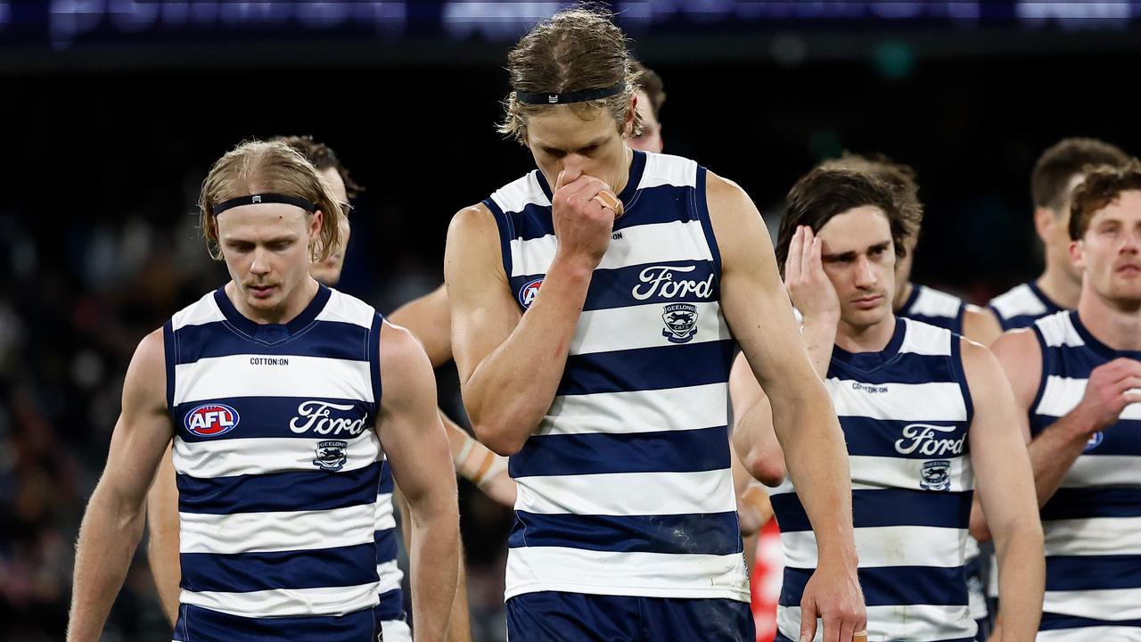 MELBOURNE, AUSTRALIA - SEPTEMBER 21: Rhys Stanley of the Cats looks dejected after a loss during the 2024 AFL Second Preliminary Final match between the Geelong Cats and the Brisbane Lions at The Melbourne Cricket Ground on September 21, 2024 in Melbourne, Australia. (Photo by Michael Willson/AFL Photos via Getty Images)