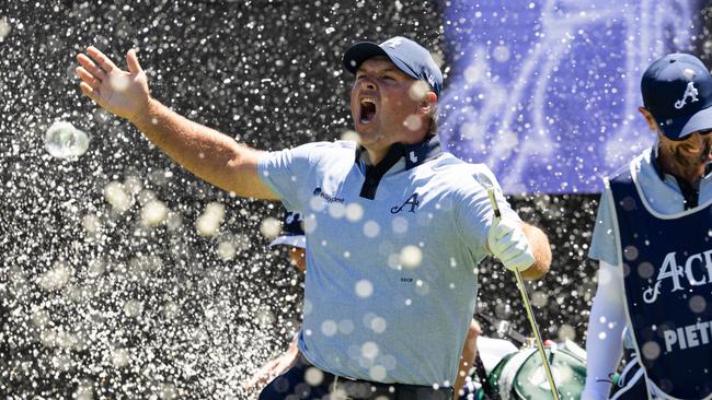 Patrick Reed of 4Aces GC reacts to his hole-in-one on the 12th hole during the first round of LIV Golf Adelaide at Grange Golf Club on Friday, February 14, 2025 in Adelaide, Australia. (Photo by Jon Ferrey/LIV Golf)