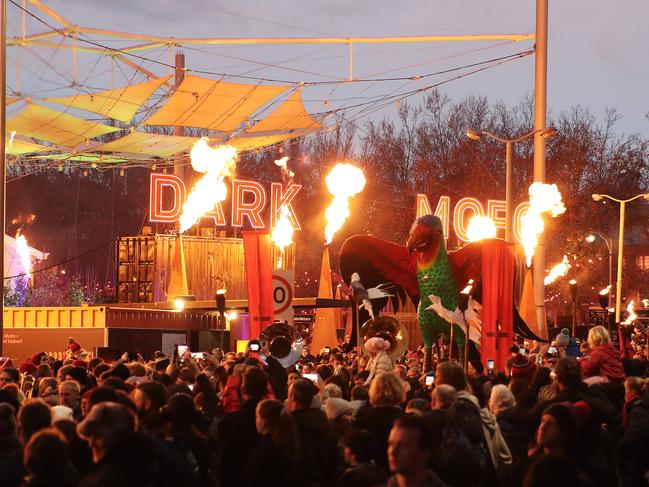 The Swift Parrot Ogoh Ogoh paraded past the entrance to the Dark Mofo Winter Feast on it's journey to Macquarie Point Picture: LUKE BOWDEN