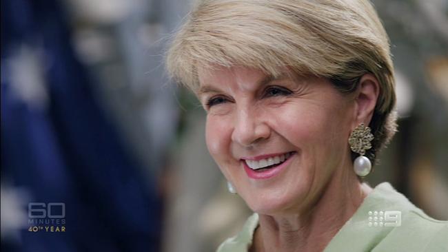 Supplied image obtained Sunday, September 23, 2018 of former foreign minister Julie Bishop speaking to Nine Network journalist Chris Uhlmann during an interview with 60 Minutes. Former foreign minister Julie Bishop has again called for gender targets to address imbalance in the Liberal Party. (AAP Image/Nine Network) NO ARCHIVING, EDITORIAL USE ONLY