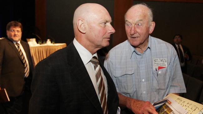 The late shareholder activist Jack Tilburn, right, making friends with Fairfax CEO Brian McCarthy back in 2009.