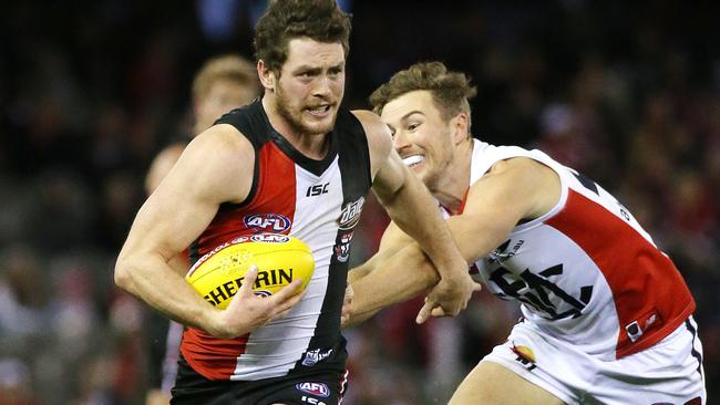 Jack Steven shakes off a Melbourne defender. Picture: George Salpigtidis