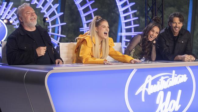 Australian Idol judges (from left) Kyle Sandilands, Meghan Trainor, Amy Shark and Harry Connick Jr “cracking up”. Picture: Sarah Reed