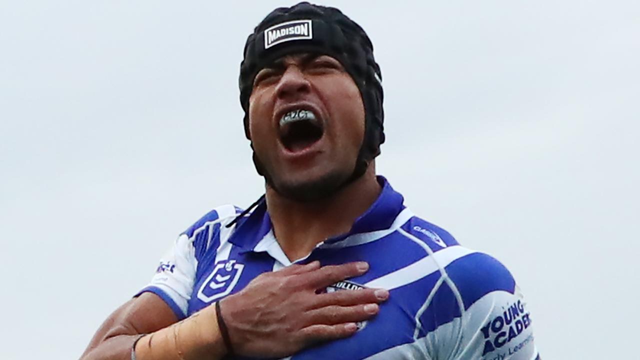 SYDNEY, AUSTRALIA - AUGUST 04: Stephen Crichton of the Bulldogs celebrates scoring a try during the round 22 NRL match between Canterbury Bulldogs and Canberra Raiders at Belmore Sports Ground, on August 04, 2024, in Sydney, Australia. (Photo by Jeremy Ng/Getty Images)