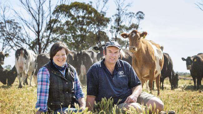 Paul and Sally Bethune run an irrigated dairy operation, Bethune Lane Dairy, near low-rainfall Lake Boga. Picture: Zoe Phillips