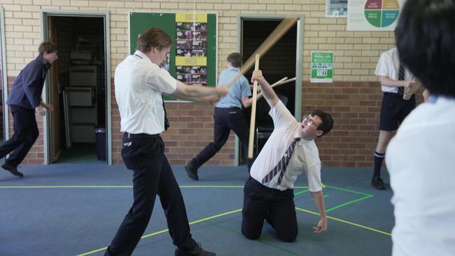 St Mary's College Year 11 students Ben Wightman and Charlie Stiller rehearse a scene from the school's production of Lord of the Flies.