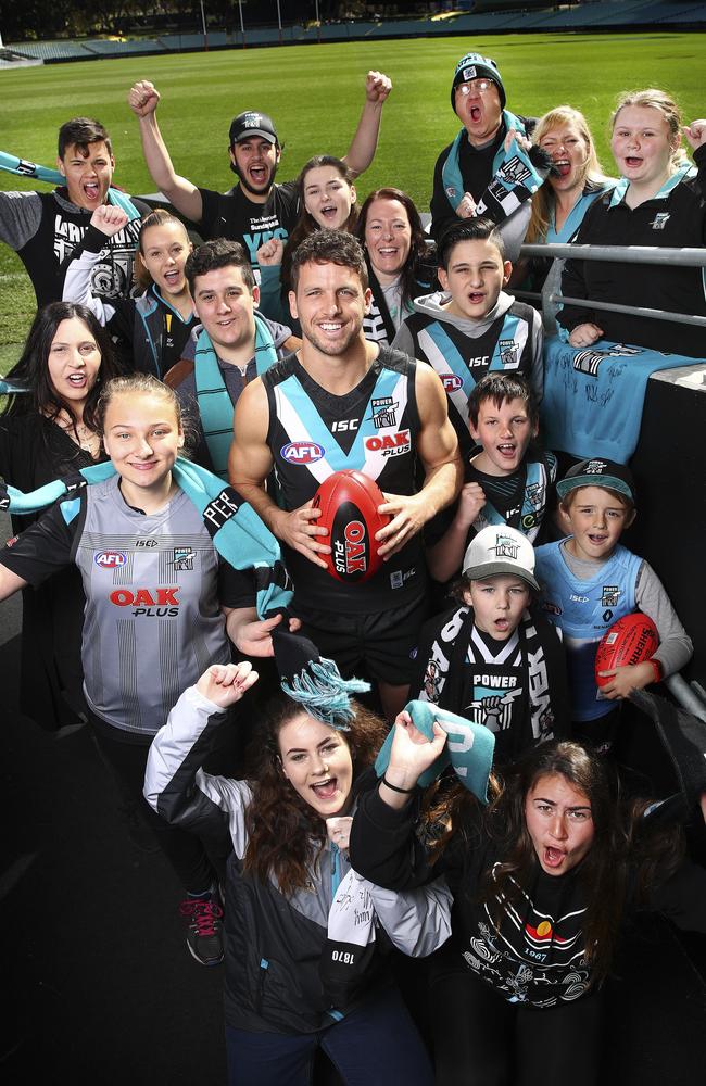 SKIP TO IT: Port Adelaide captain Travis Boak at Adelaide Oval with some of the Power faithful ahead of the Saturday night’s elimination final. Picture Sarah Reed