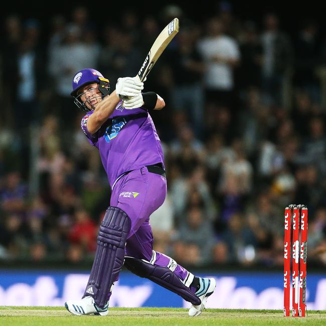 Ben McDermott hits out in the BBL09 elimination final between the Hobart Hurricanes and Sydney Thunder at Blundstone Arena. Picture: Zak Simmonds