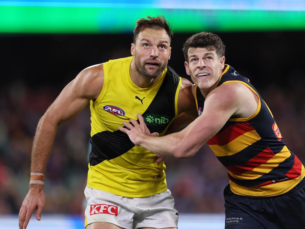 Toby Nankervis made the most of Adelaide’s lack of ruck potency. (Photo by James Elsby/AFL Photos via Getty Images)