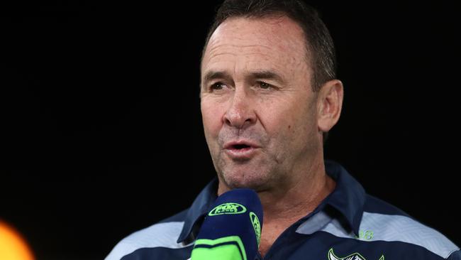 SYDNEY, AUSTRALIA - APRIL 03: Raiders coach Ricky Stuart is interviewed before the round four NRL match between the Gold Coast Titans and the Canberra Raiders at Netstrata Jubilee Stadium, on April 03, 2021, in Sydney, Australia. (Photo by Mark Metcalfe/Getty Images)