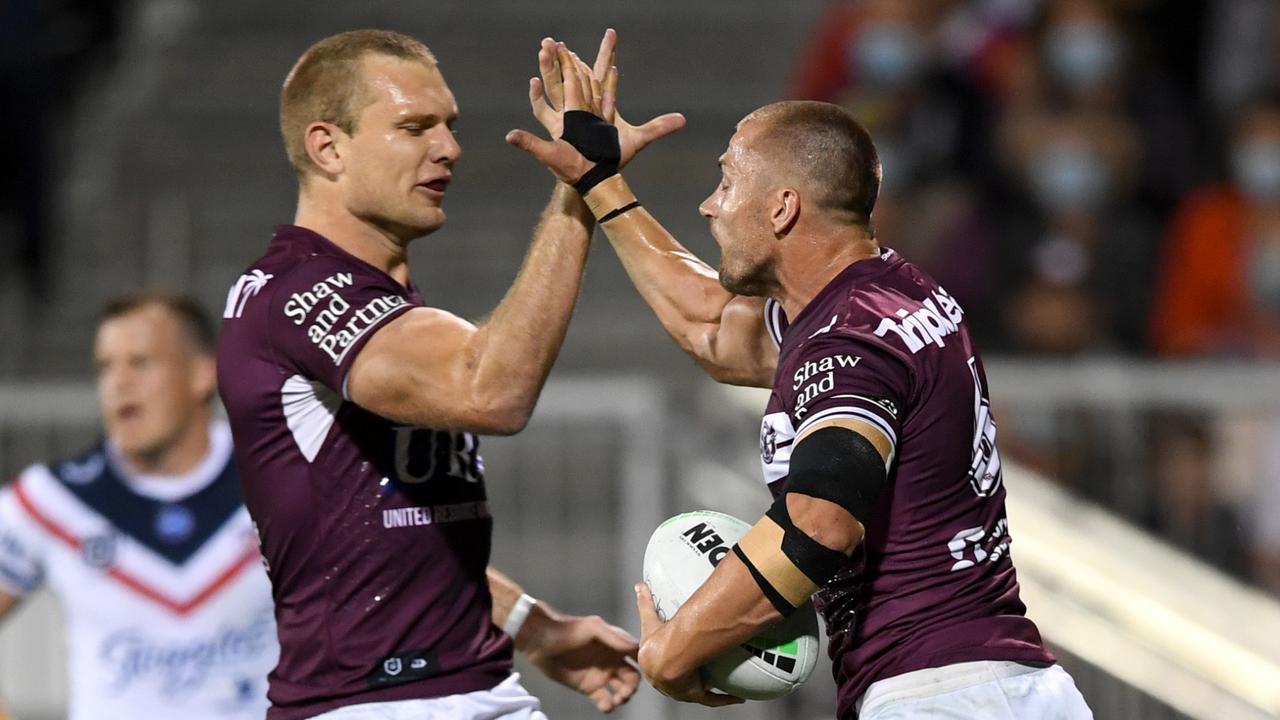 Tom Trbojevic and Kieran Foran celebrate a Manly try. Picture: NRL Photos.