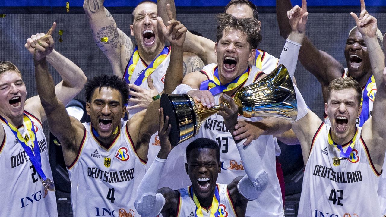 Germany celebrates after winning the FIBA Basketball World Cup Final. (Photo by Ezra Acayan/Getty Images)