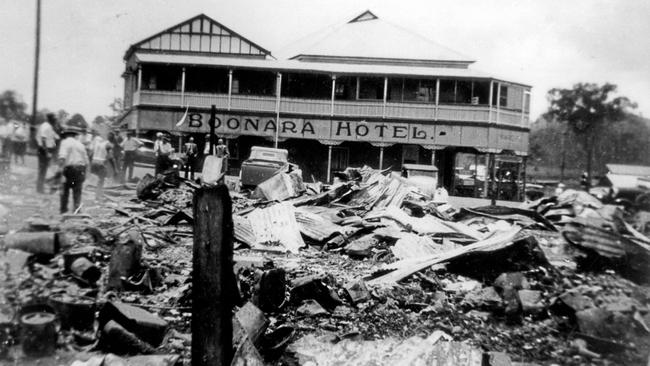 Boonara Hotel and the ruins of the Grand Hotel, Goomeri, 1939. A contrast of resilience and loss in this historic town. Source: State Library of Queensland