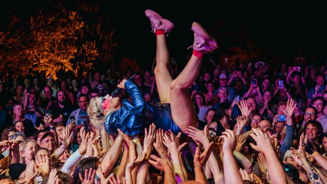 Peaches crowdsurfs at the Mona Sessions, part of Hobart’s Mona Foma festival. Picture: Mona/Jesse Hunniford