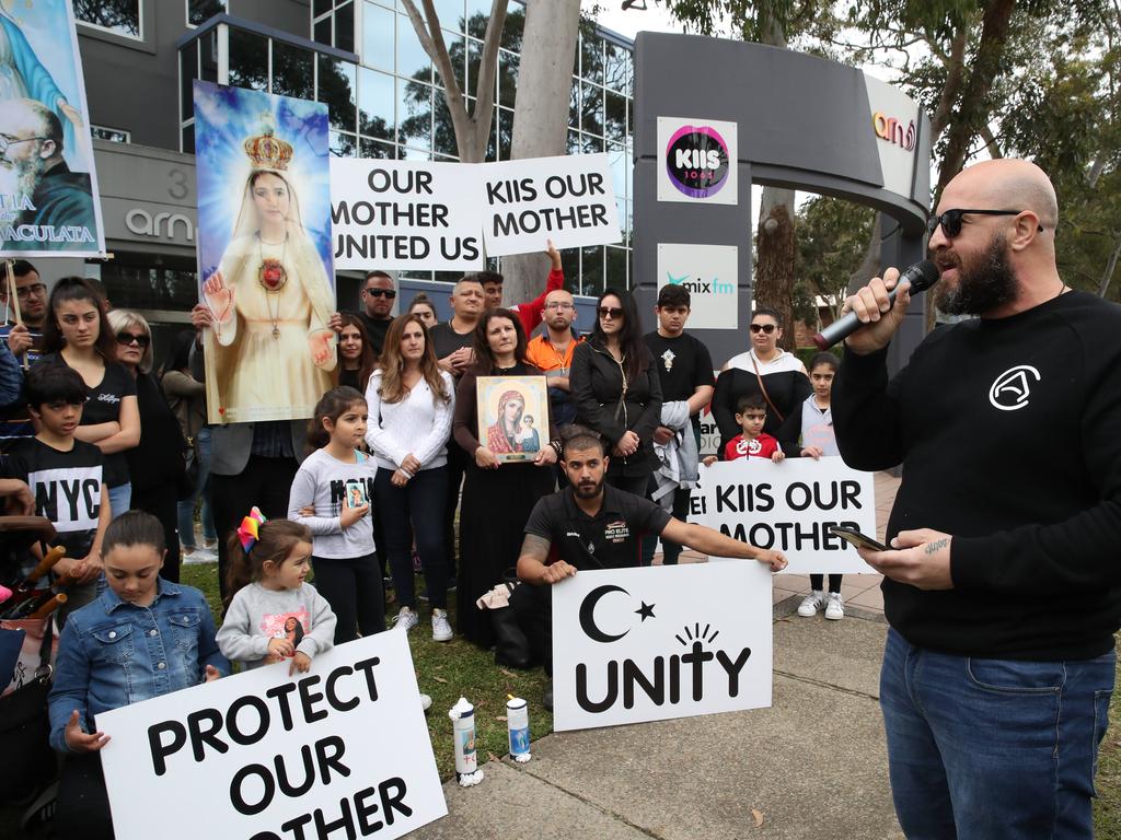 Protesters gathered outside KIIS FM to protest against comments Kyle Sandilands made about Christians and the Virgin Mary. Picture: David Swift