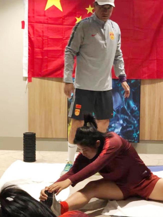 China’s players train in their Brisbane hotel’s corridor. Picture: Twitter
