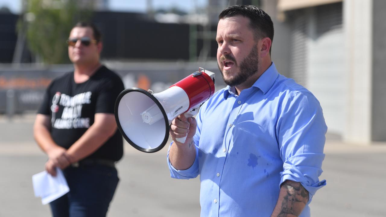 Federal MP Phillip Thompson speaks at a recent anti-crime rally outside Qld Country Bank Stadium in Townsville.