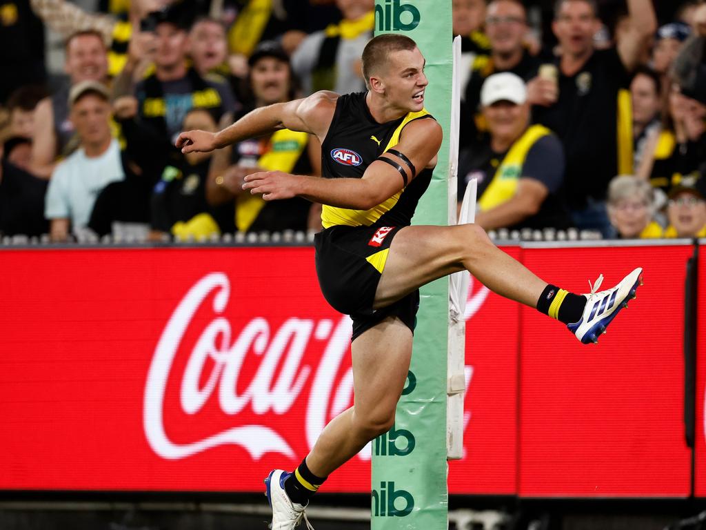 Sam Lalor bangs through the first goal of his career. Picture: Michael Willson/AFL Photos