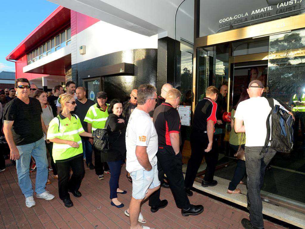 Workers arrive for an 8am meeting on February 22 at Coca-Cola’s Thebarton plant. They were told the factory would be closing in 2019. Picture: Sam Wundke