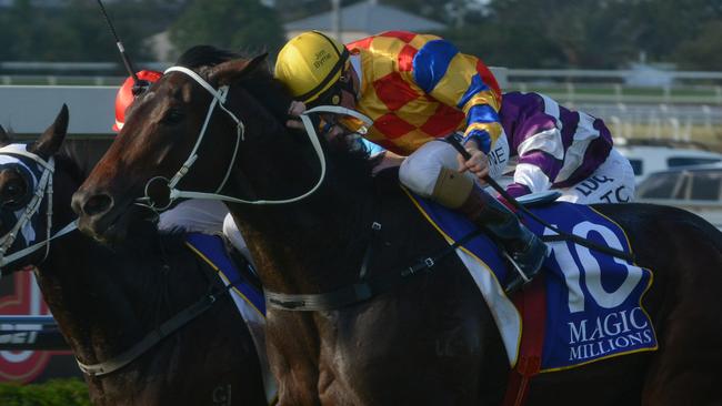 Jim Byrne steers Kebede to victory at Doomben last month.