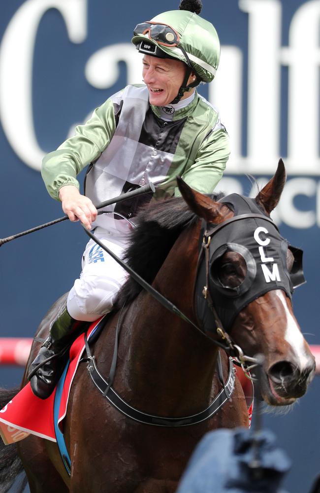 Linda Meech rides Thought of That to victory in the Ladbrokes Classic on Caulfield Cup day. She lost the ride for the Victoria Derby and said ‘I hope it gets beat’. The horse finished 10th. Picture: Micheal Klein