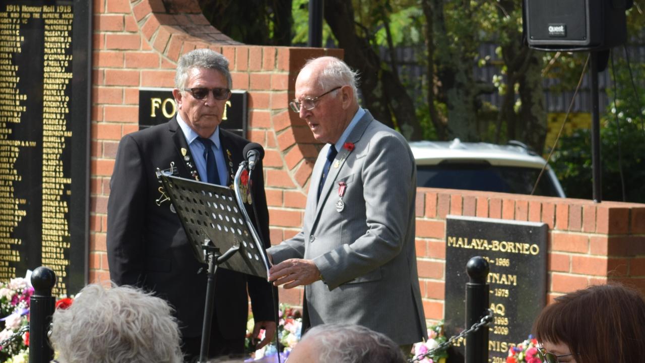 Michael Letts delivers the Commemoration of the Fallen during the ANZAC DAY Ceremony in Elizabeth Ann Brown Park Picture: Nicholas Rupolo.