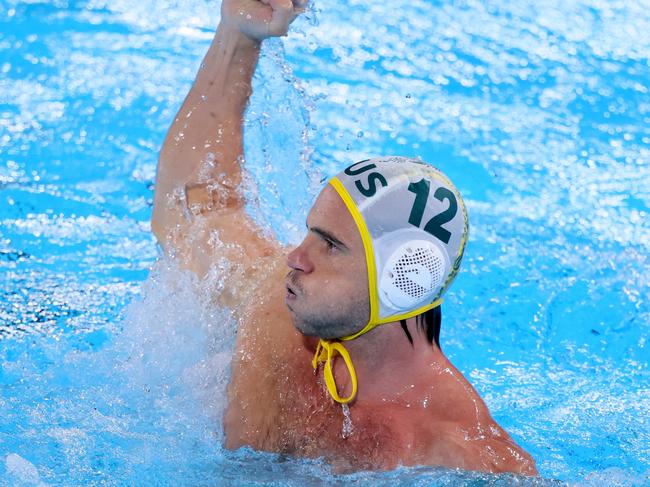 Blake Edwards of Team Australia celebrates a goal in the Men's Preliminary Round at the 2024 Paris Olympics. Picture: Clive Rose/Getty Images.