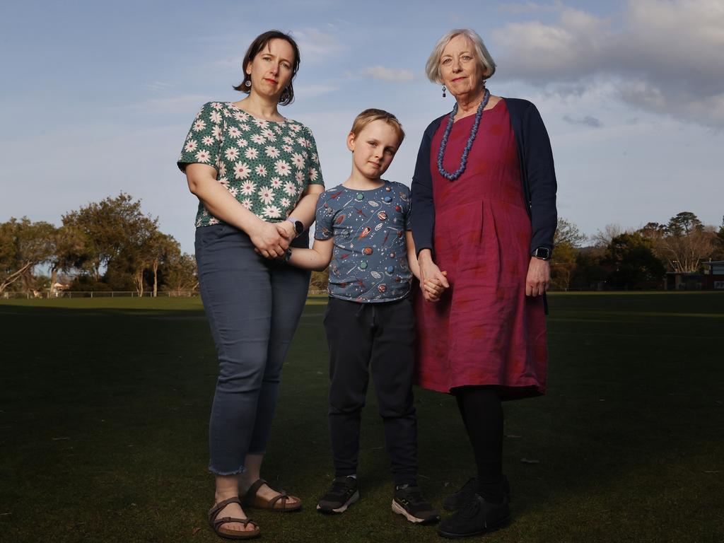 Doctor Clare Smith with daughter Doctor Kate Bendall and son Lewis Bendall (9) all of Hobart. Dr Smith is a Westpac shareholder who is disappointed with the company's environmental credentials, including their use of carbon offset programs that don't appear to be working. Picture: Nikki Davis-Jones