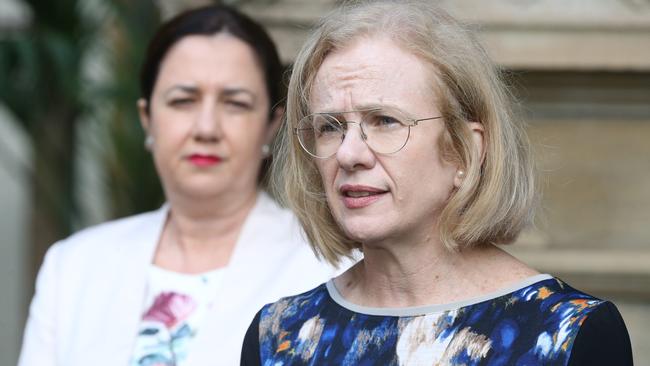 Premier Annastacia Palaszczuk and Chief Health Officer Dr Jeanette Young. Picture: Richard Gosling