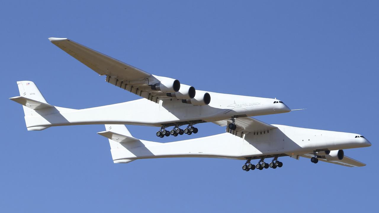 Stratolaunch, a giant six-engine aircraft with the world’s longest wingspan, makes its historic first flight from the Mojave Air and Space Port in Mojave, California. Picture: AP