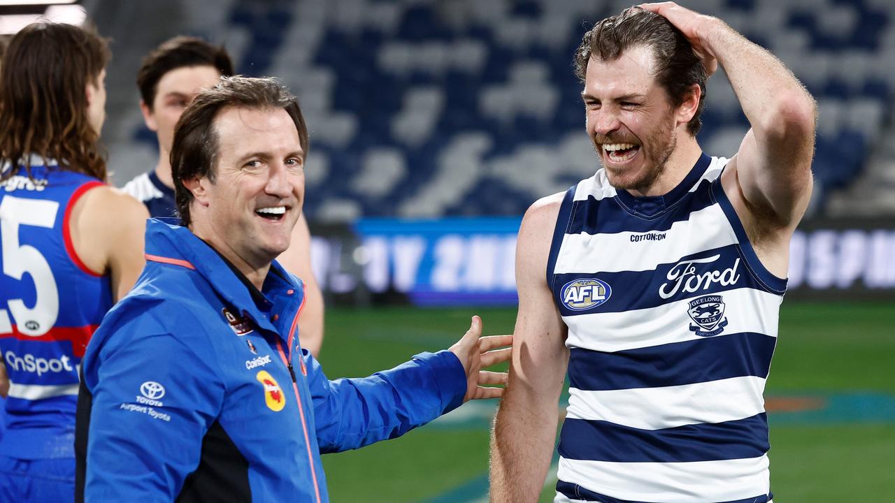 Isaac Smith, with Bulldogs coach Luke Beveridge, after his final game with the Cats. Picture: Michael Willson/AFL Photos via Getty Images)