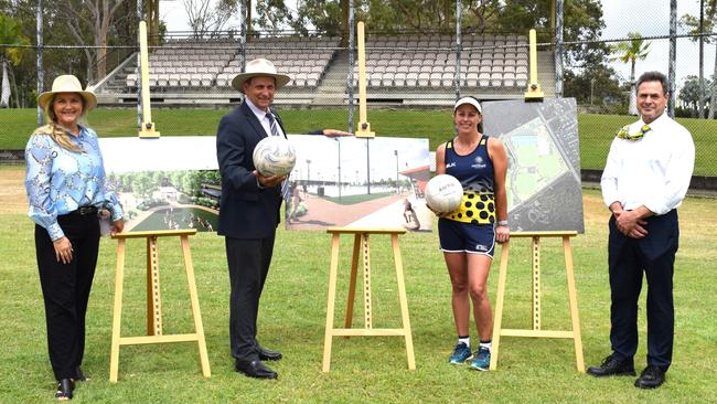 Councillor Cherie Rutherford, Rockhampton Region Mayor Tony Williams, Rockhampton Netball president Simone Hitchcock and CQUniversity professor Grant Stanley. Picture: Aden Stokes