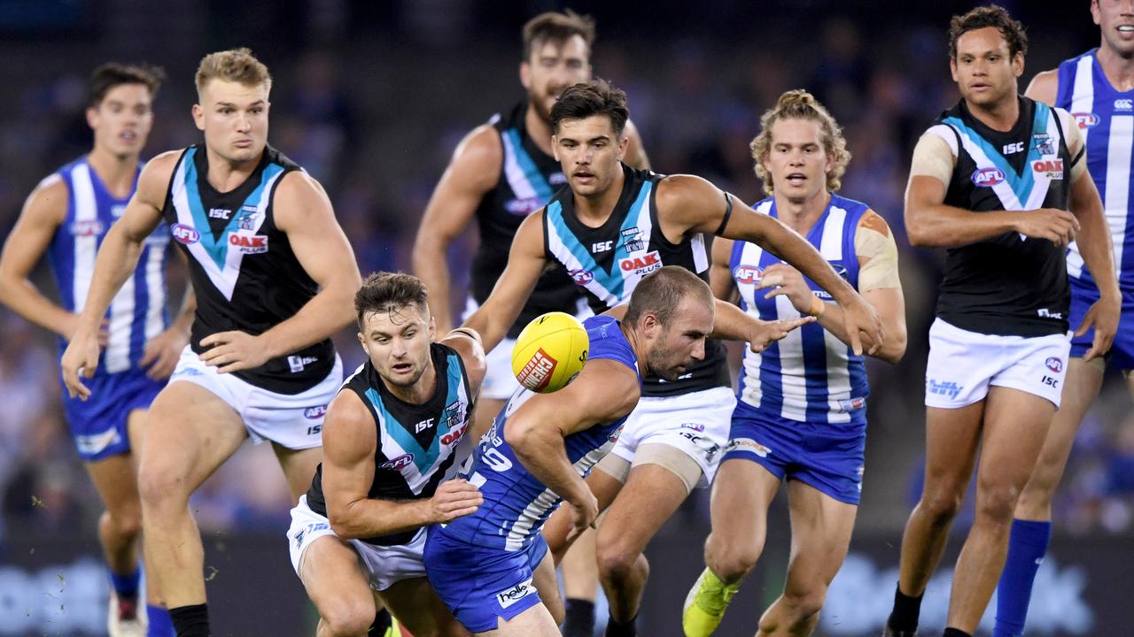 Congestion in the North Melbourne v Port Adelaide clash. Picture: AAP Images