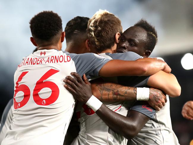 LONDON, ENGLAND - AUGUST 20:  Sadio Mane of Liverpool celebrates after scoring his team's second goal with team mates during the Premier League match between Crystal Palace and Liverpool FC at Selhurst Park on August 20, 2018 in London, United Kingdom.  (Photo by Julian Finney/Getty Images)