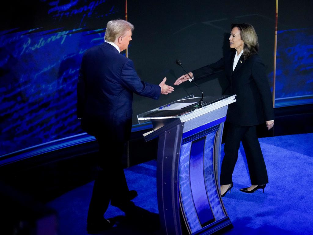 Kamala Harris and Donald Trump shake hands during the second presidential debate in Philadelphia earlier this month. Picture: Doug Mills/The New York Times/Bloomberg