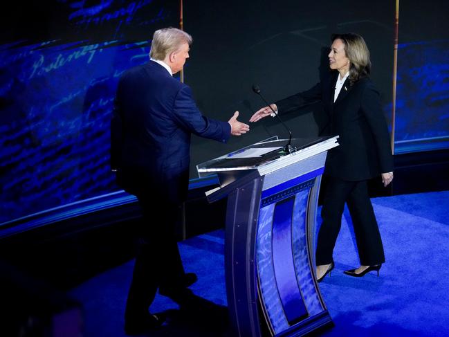 Kamala Harris and Donald Trump shake hands during the second presidential debate in Philadelphia earlier this month. Picture: Doug Mills/The New York Times/Bloomberg