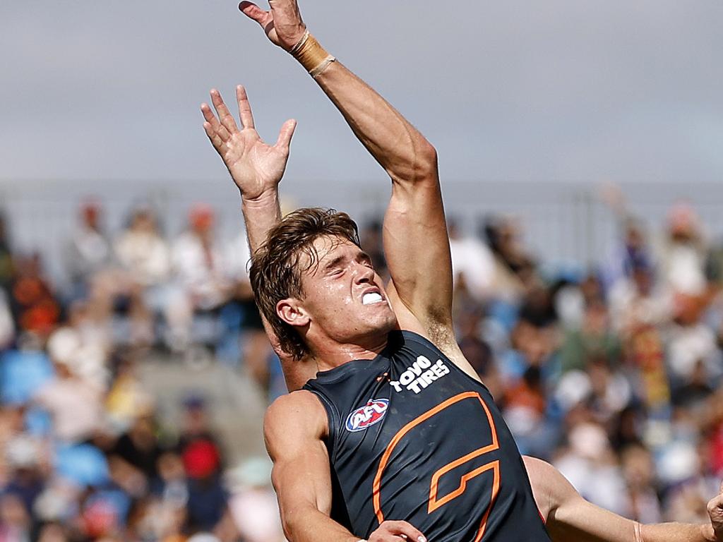 Giants Aaron Cadman in the ruck during the Gather Round match between the GWS Giants and Gold Coast Suns at Mount Barker, Adelaide on April 7, 2024. Photo by Phil Hillyard.