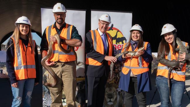 Sydney Zoo managing director Jake Burgess and Western Sydney University Vice-Chancellor, Prof Barney Glover with local university students and a selection of animals at the recent announcement of an education partnership.