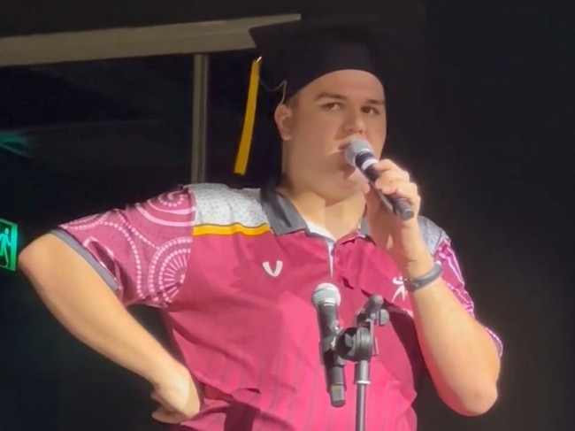 SEE THE VIDEO: Sebastian Franettovich performs at his last assembly at Sarina State High School in 2022. Photo: Contributed