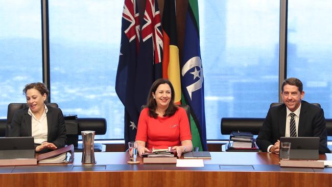 Deputy Premier Jackie Trad, Premier Anastasia Palaszczuk and Minister Cameron Dick at 1 William Street. Picture: Peter Wallis