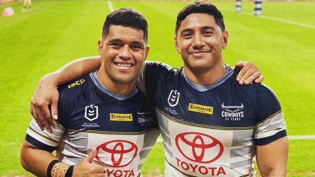 Jason Taumalolo (right) with new Broncos recruit John Asiata.