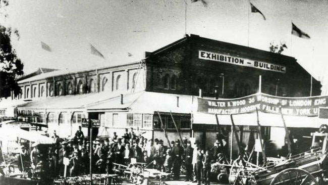 Royal Adelaide Show, circa 1880. Farm implements outside the Exhibition Building.