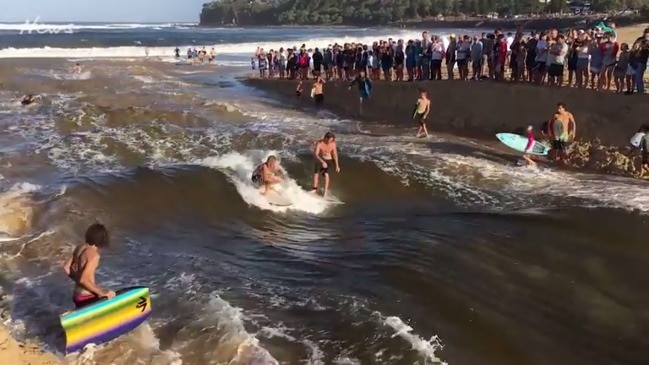 RIDING THE TIDE: Crowds gather to watch bizarre storm tide surfing on ...