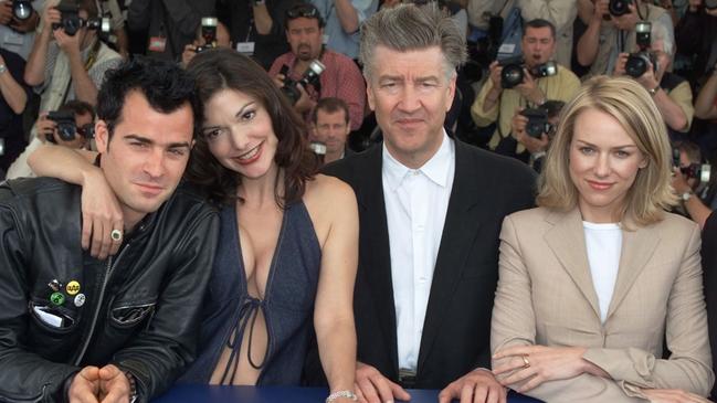 (L-R): Justin Theroux, Laura Elena Harring, David Lynch and Naomi Watts during a photocall for Mulholland Drive. Picture: Supplied