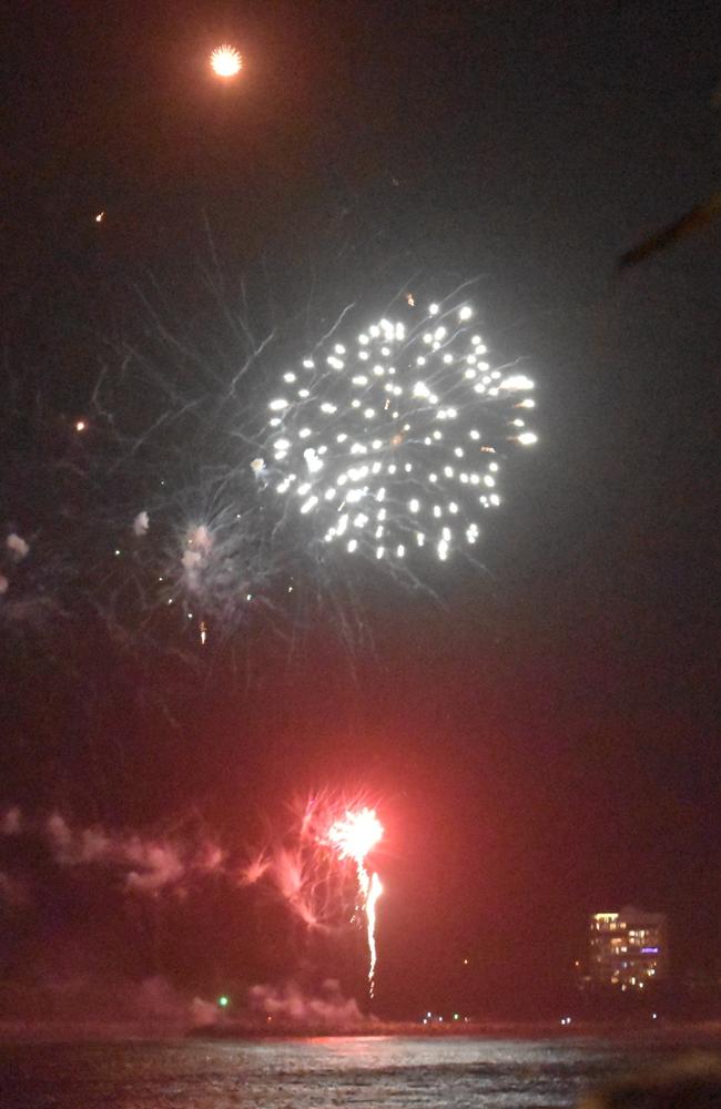 Fireworks light up the night sky over Mooloolaba as thousands turned out to watch and bring in the New Year. Photo: Elizabeth Neil