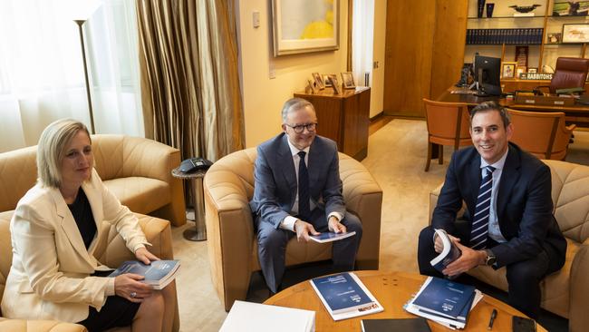 The Prime Minister with his Treasurer and Treasurer, right, and Finance Minister Katy Gallagher on the eve of the Federal Budget. Picture: NCA NewsWire / Martin Ollman