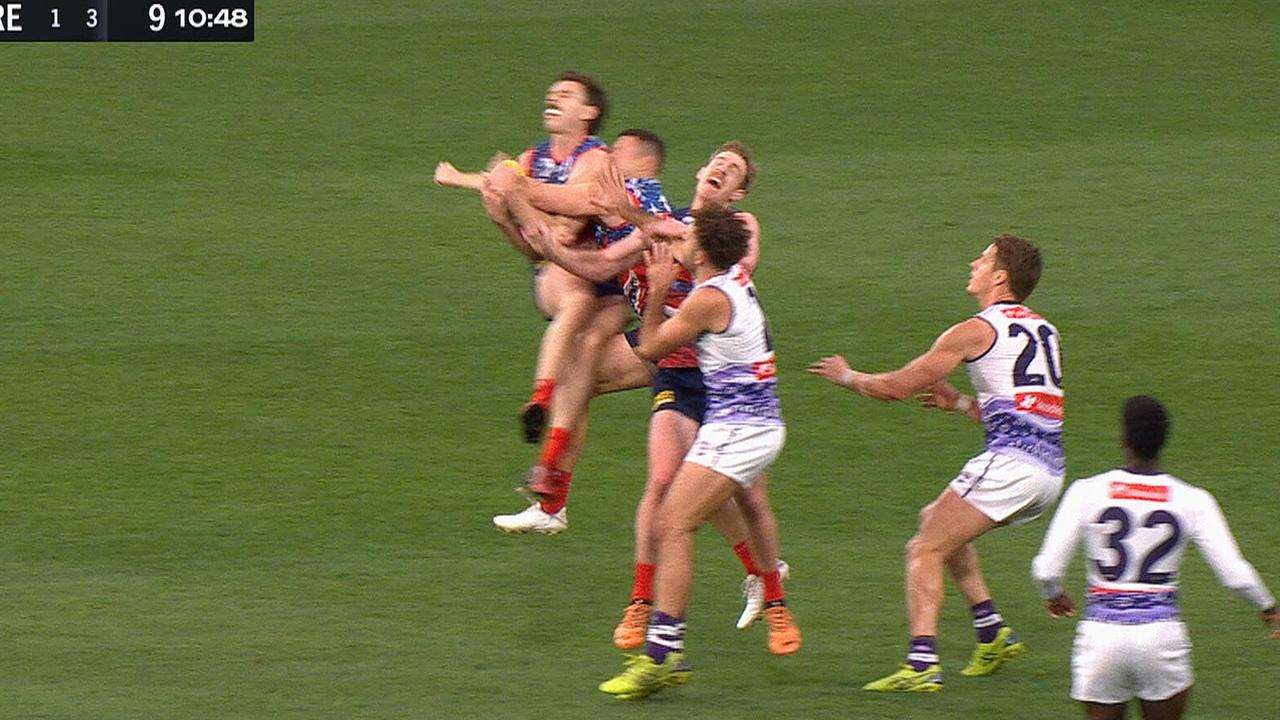 Steven May was taken for a concussion test after this collision with teammate Jake Lever.